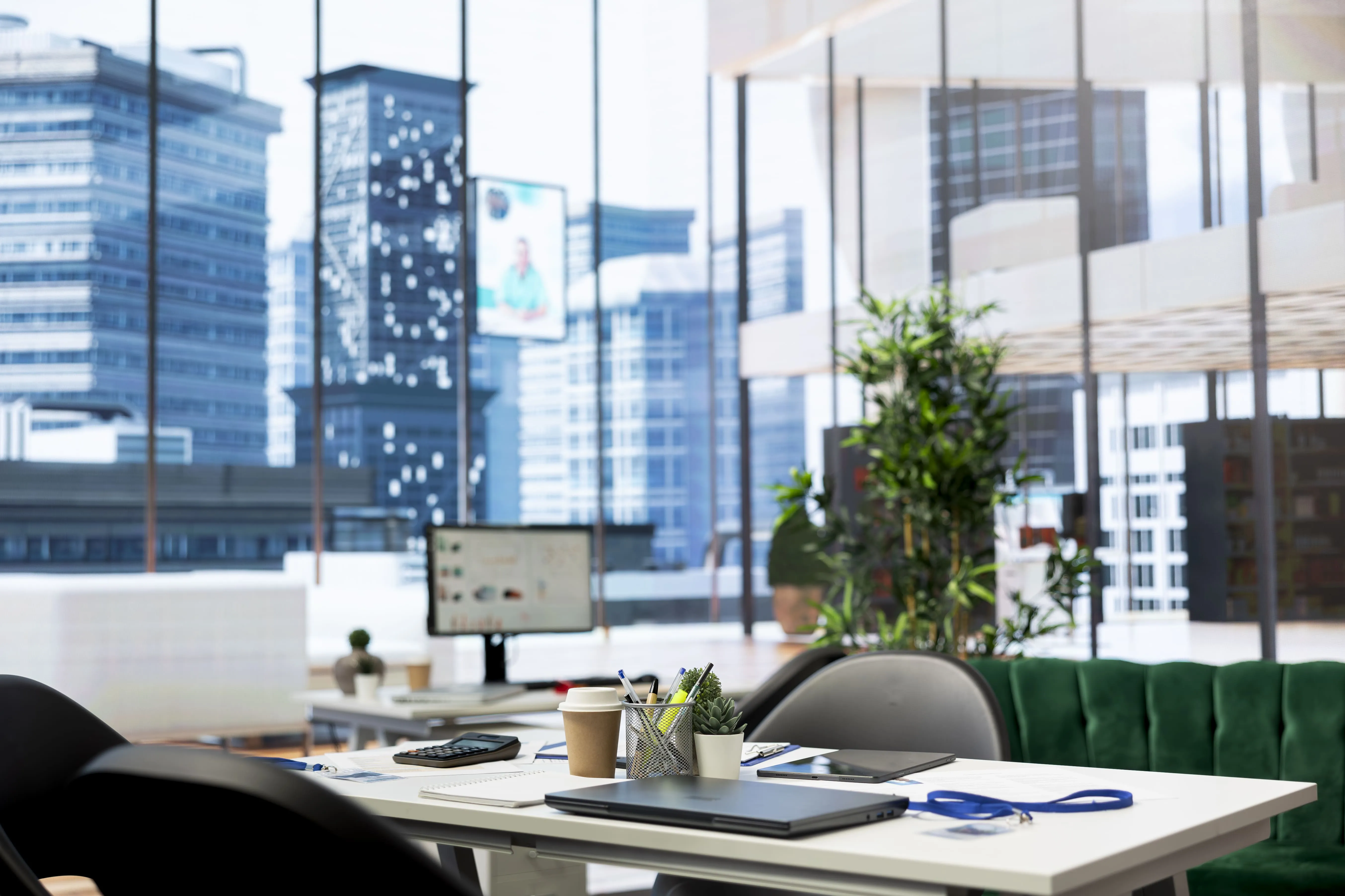 office desk with floor-to-ceiling windows